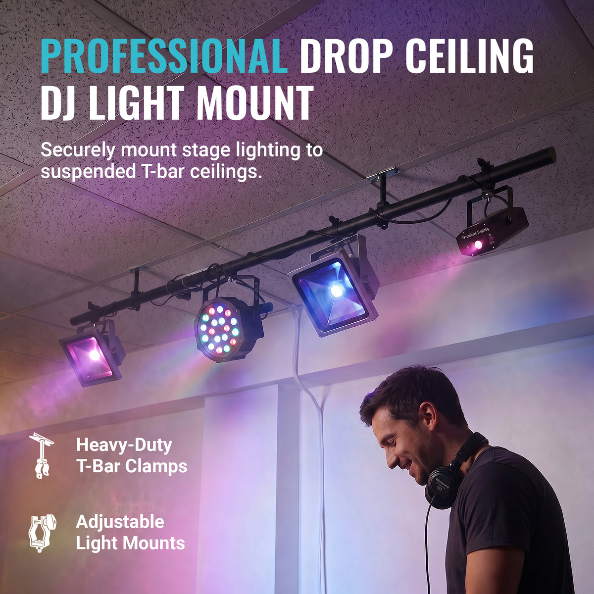 ALZO Suspended Drop Ceiling DJ, band, stage light mounting bar with 15 ft power cord - White
