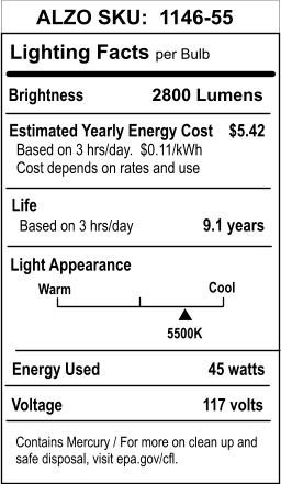 ALZO 45W Joyous Light® Full Spectrum CFL Light Bulb 5500K lighting facts