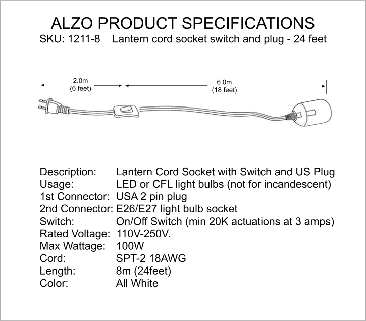 ALZO LED China Ball Overhead Light 24 foot long switched cord set