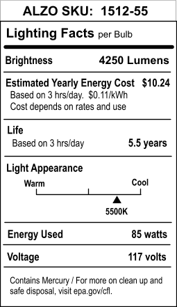 ALZO 85W Joyous Light® Full Spectrum CFL Light Bulb 5500K lighting facts