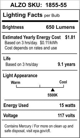 ALZO 15W Joyous Light® Full Spectrum CFL Light Bulb 5500K lighting facts