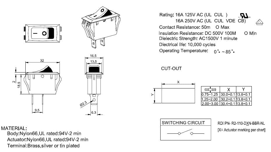 UL Listed - Power Switch SPST AC 250volt 15amp Panel Mount Boat Rocker switch - LOT OF !0