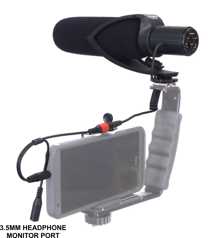 Comica CVN-V30 Shotgun Microphone with Foam on smartphone and rig