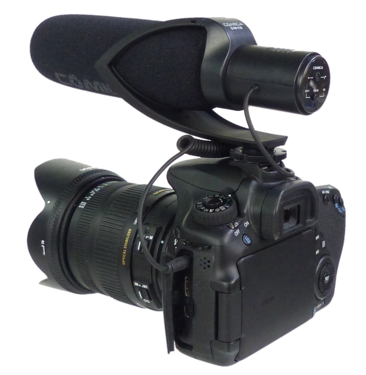 Comica CVN-V30 Shotgun Microphone with Foam on DSLR camera angled