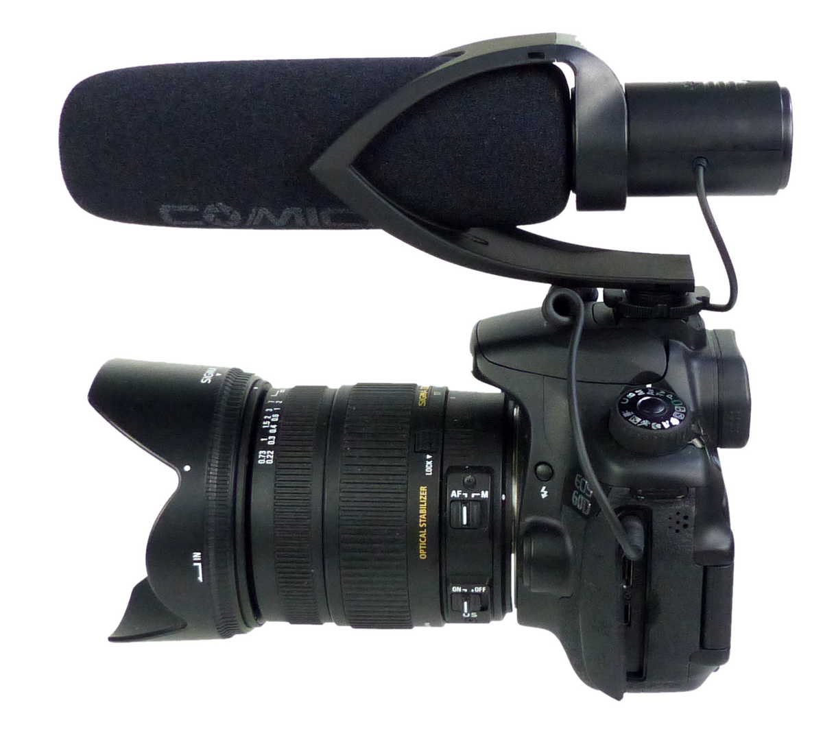 Comica CVN-V30 Shotgun Microphone with Foam on DSLR camera side