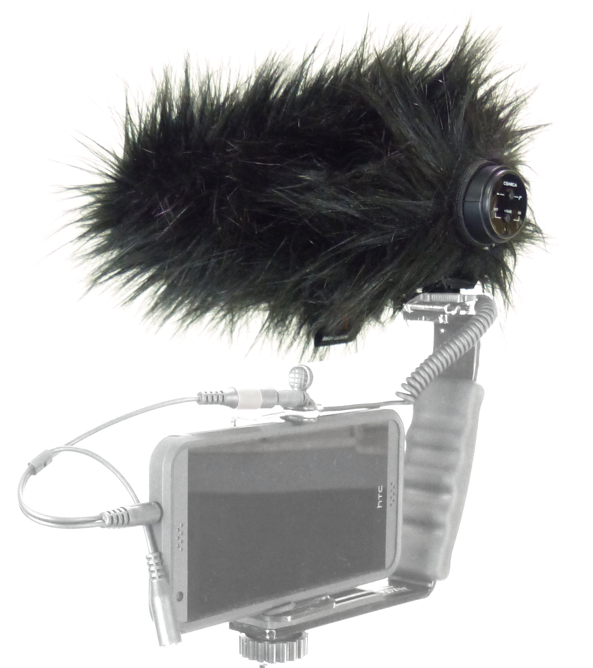 Comica CVN-V30 Shotgun Microphone with dead cat on smartphone