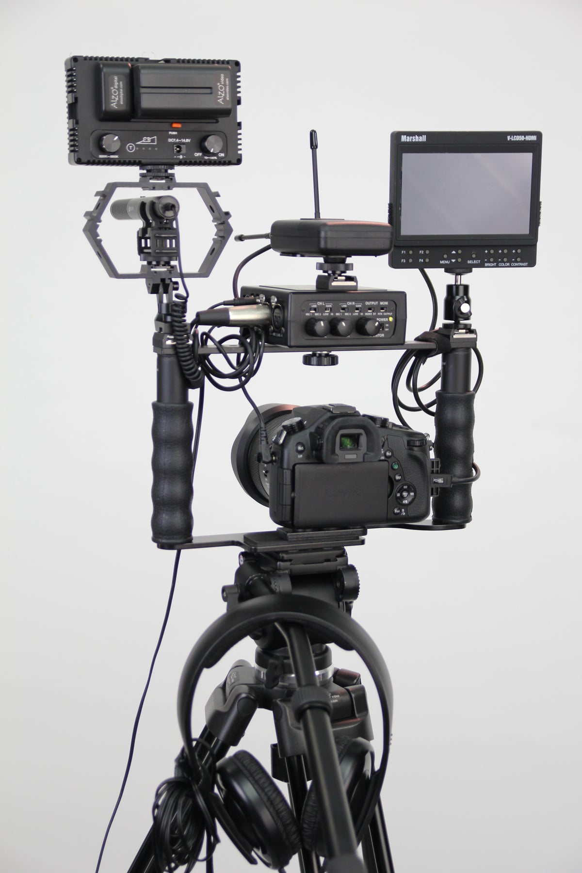 AZDEN 2 Channel Mic-Line DSLR Mixer on rig with camcorder