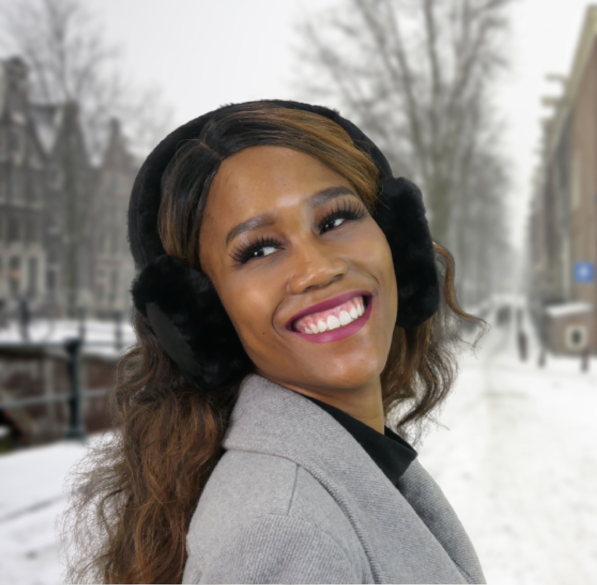 Image depicting a beautiful girl wearing the Alzo earmuff headphone headphone in a snow setting